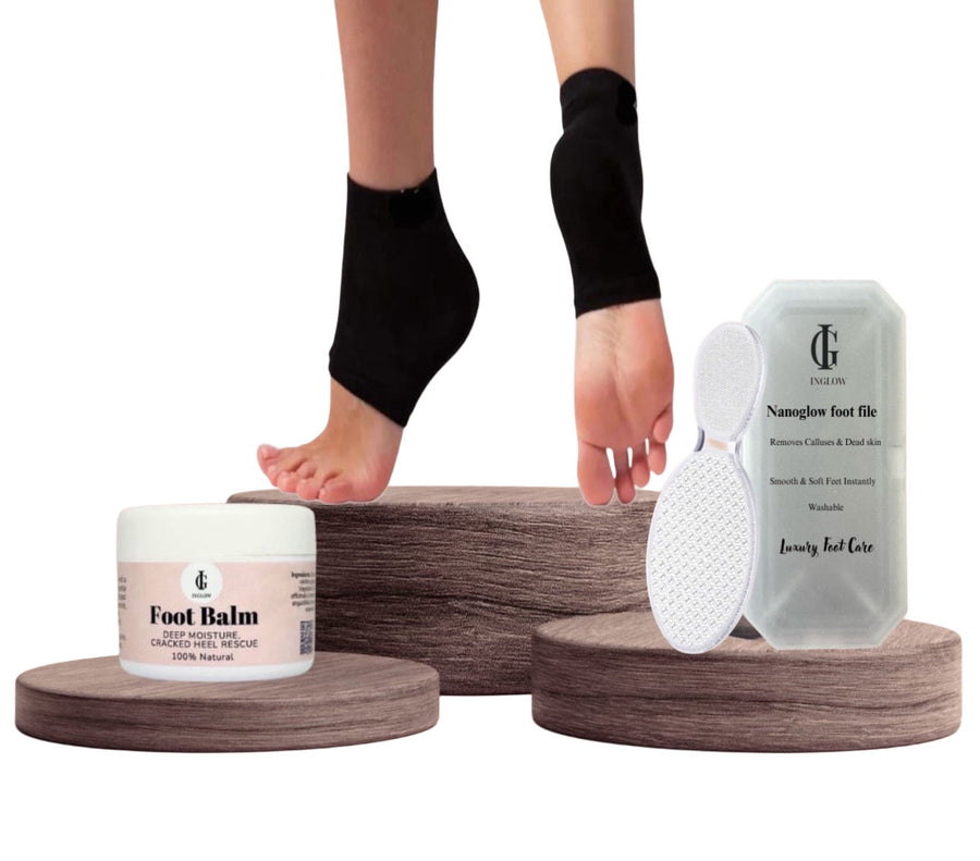 4pcs Essential Foot Care- Balm, Cream, Socks & Nanoglow File