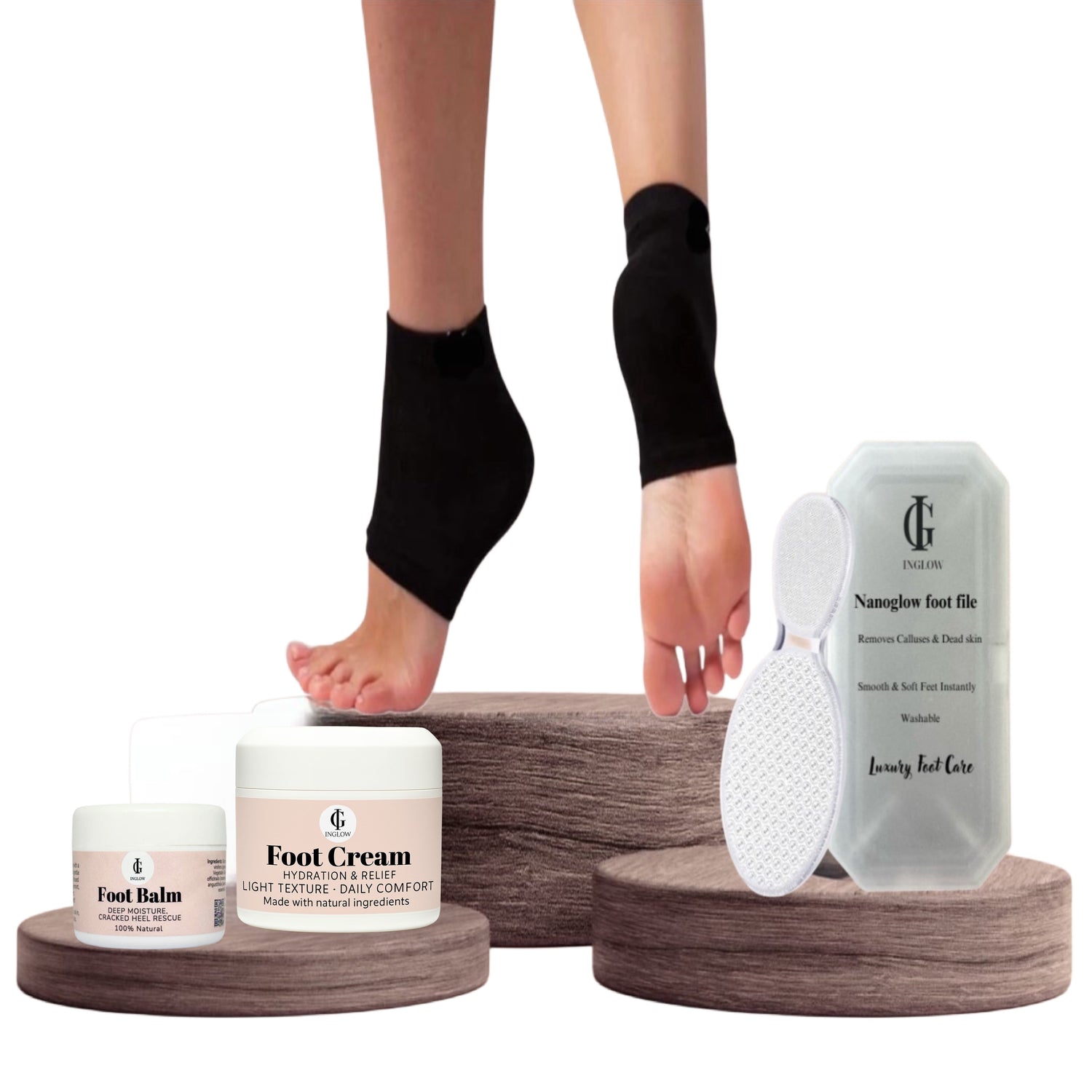 4pcs Essential Foot Care- Balm, Cream, Socks &amp; Nanoglow File