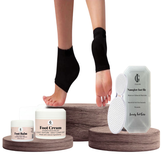 4pcs Essential Foot Care- Balm, Cream, Socks & Nanoglow File
